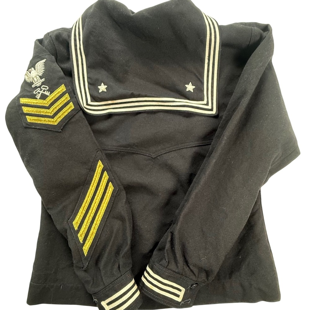 Vintage US Navy Black Wool Sailor Jumper Crackerjack Top Eagle Rating Badge 38R